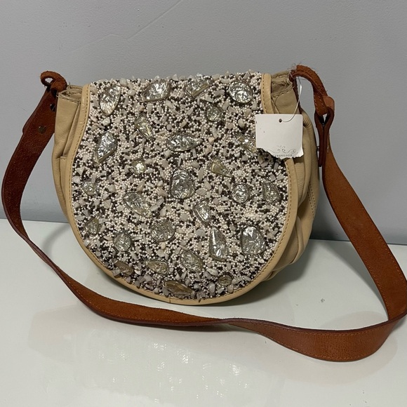 Anthropologie Jasper&Jeera Beaded Cream and Brown Crossbody Bag - Picture 1 of 8